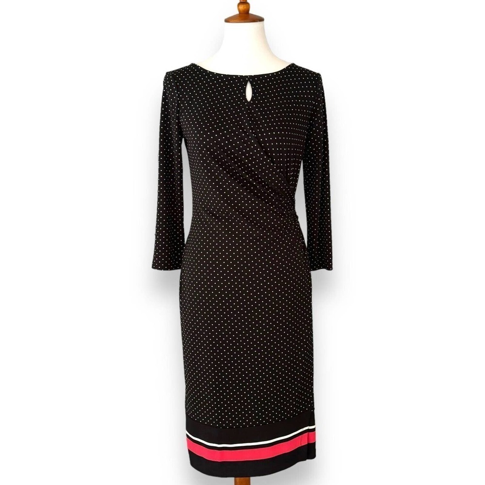 Talbots Black & White 3/4 Sleeves Keyhole Neck Polka Dot A-Line Dress Size S
